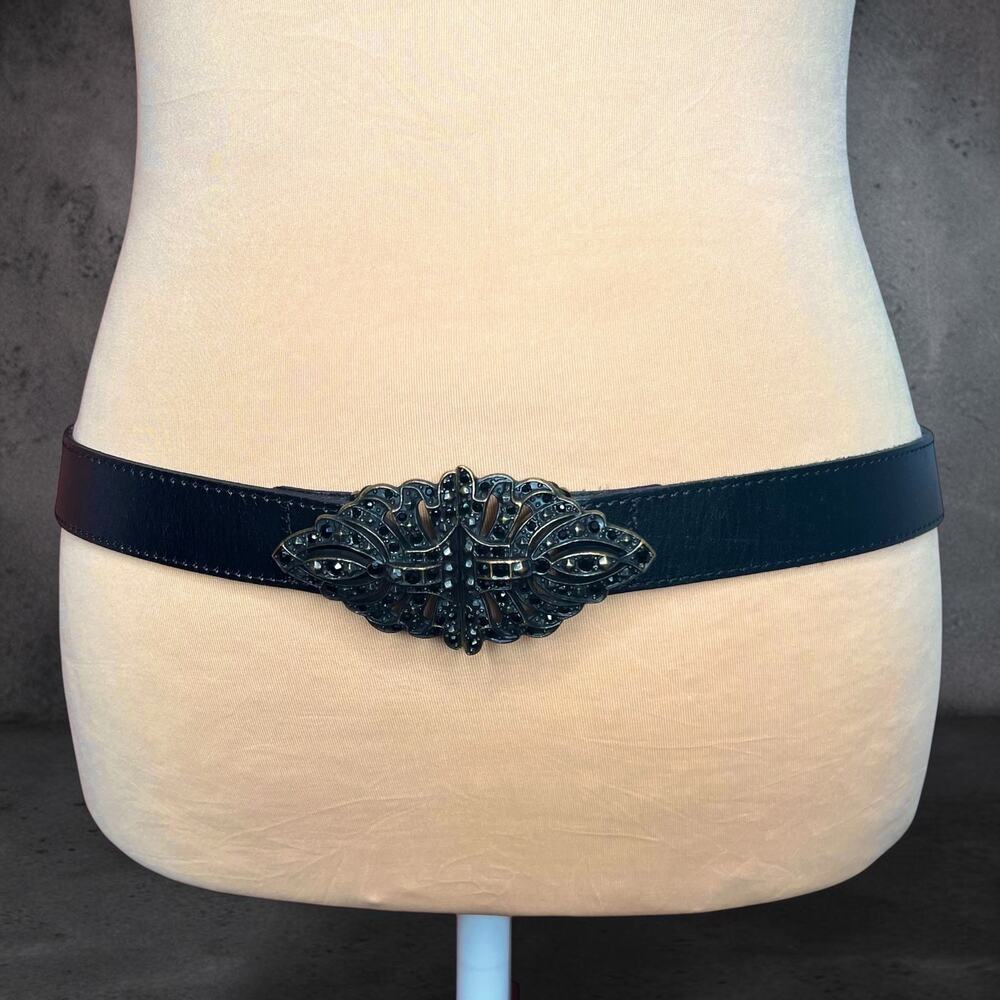 Fossil Black Elastic Leather Cinch Belt S Victorian Goth Rhinestone Statement